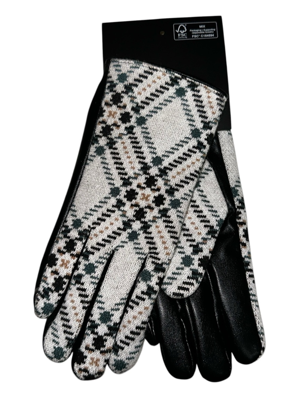 Tahari Plaid Knit Faux Leather Gloves Cream Black Green Gold NWT